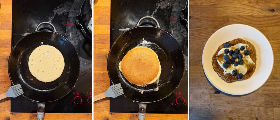 Tryptic of a pancake cooking in a cast iron pan.
First image is the pancake with bubbles, second the pancake has been flipped. The Third image is of the pancake served on a plate covered in yogurt and blueberries.