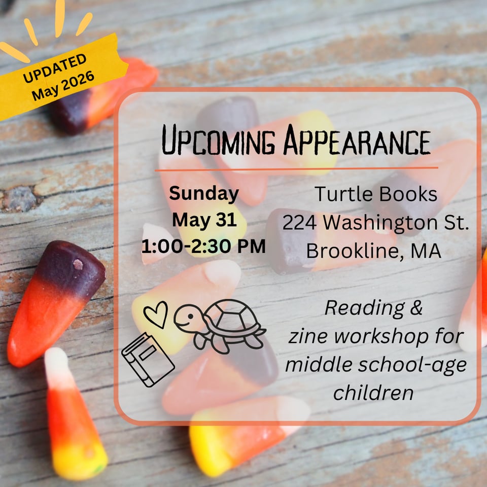 Flyer for book reading and zine workshop, overlaid on photo of candy corn kernels