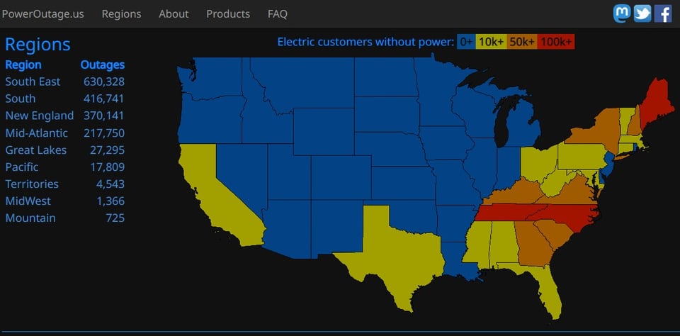 Map of Multiple Grid Emergencies, Christmas Weekend, 2022