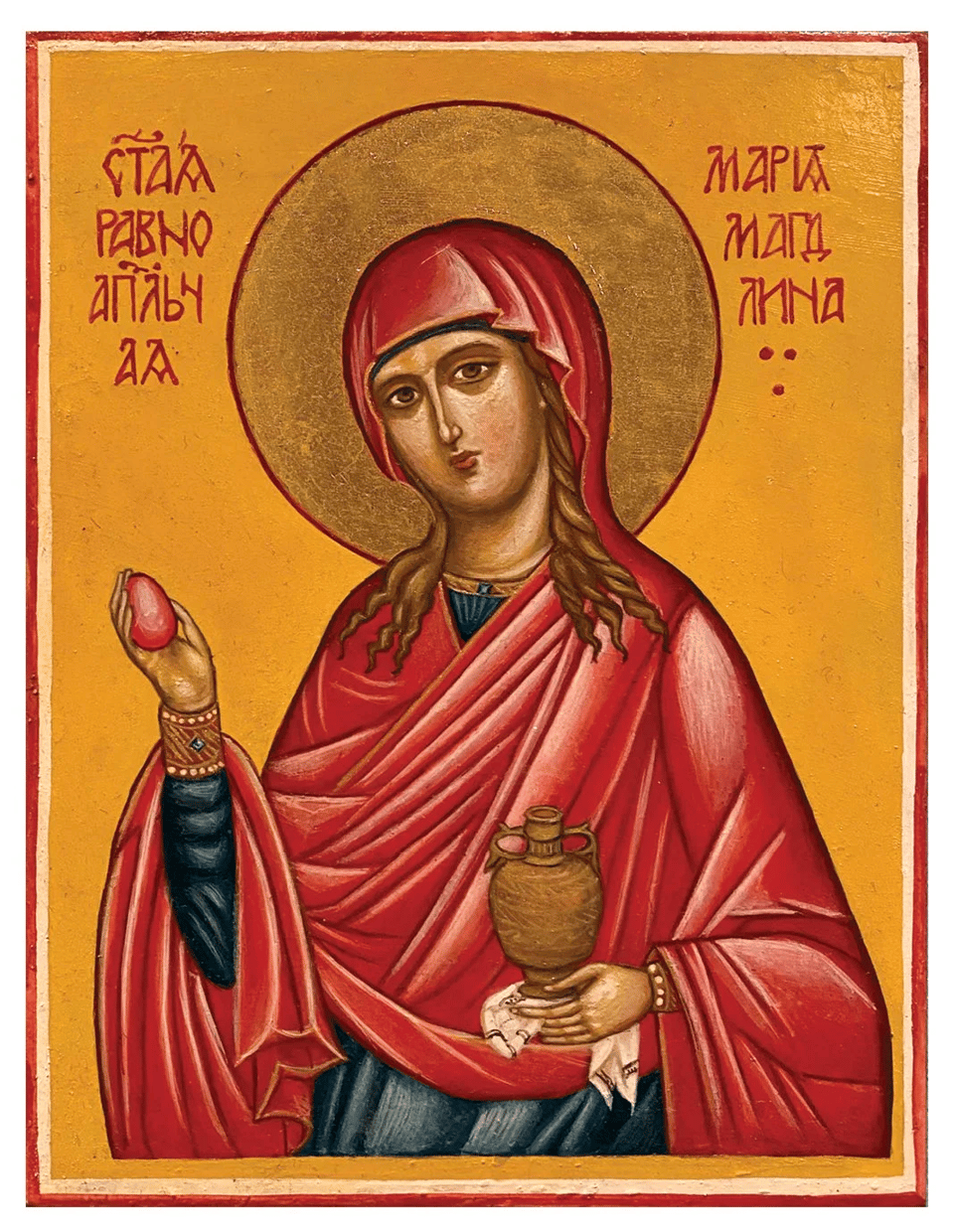 greek Virgin Mary holding blood red egg.