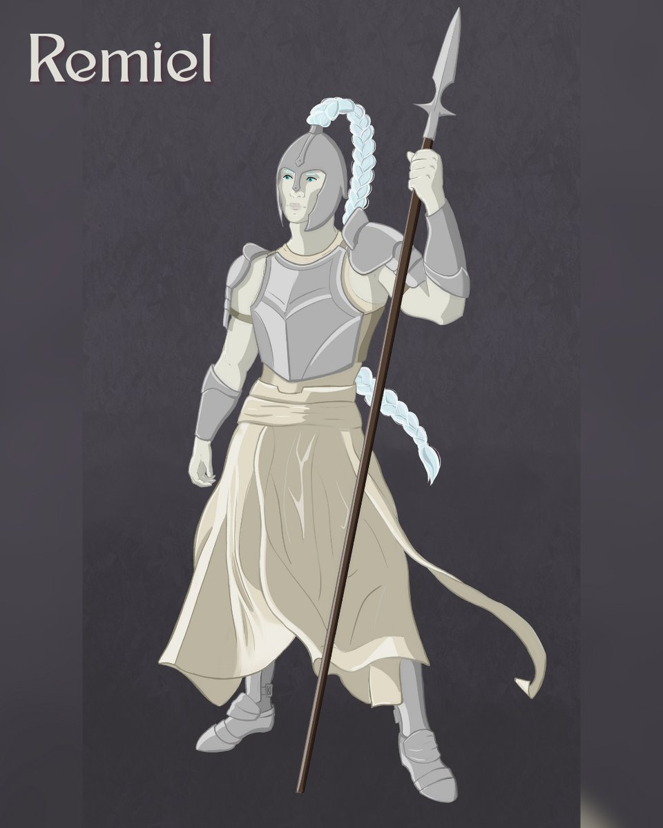 Remiel stands holding a spear. He has pale skin and wears an off-white robe along with a silver helmet, breastplate, paldrons, vambraces, and boots. His hair is in a long braid that comes out of the top of his helmet.