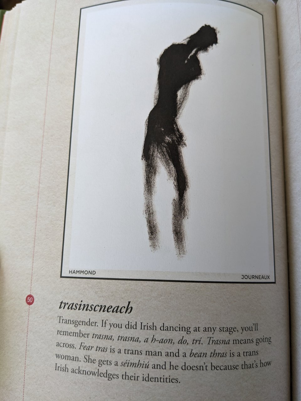 A page from Women's Words. The Irish word is trasinscneach: Transgender. The illustration is an impressionist black and white ghost-like figure.