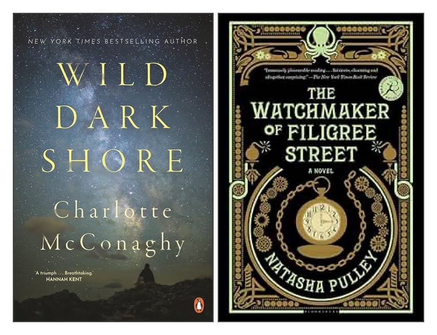 The covers of two books: Wild Dark Shore; and The Watchmaker of Filigree Street