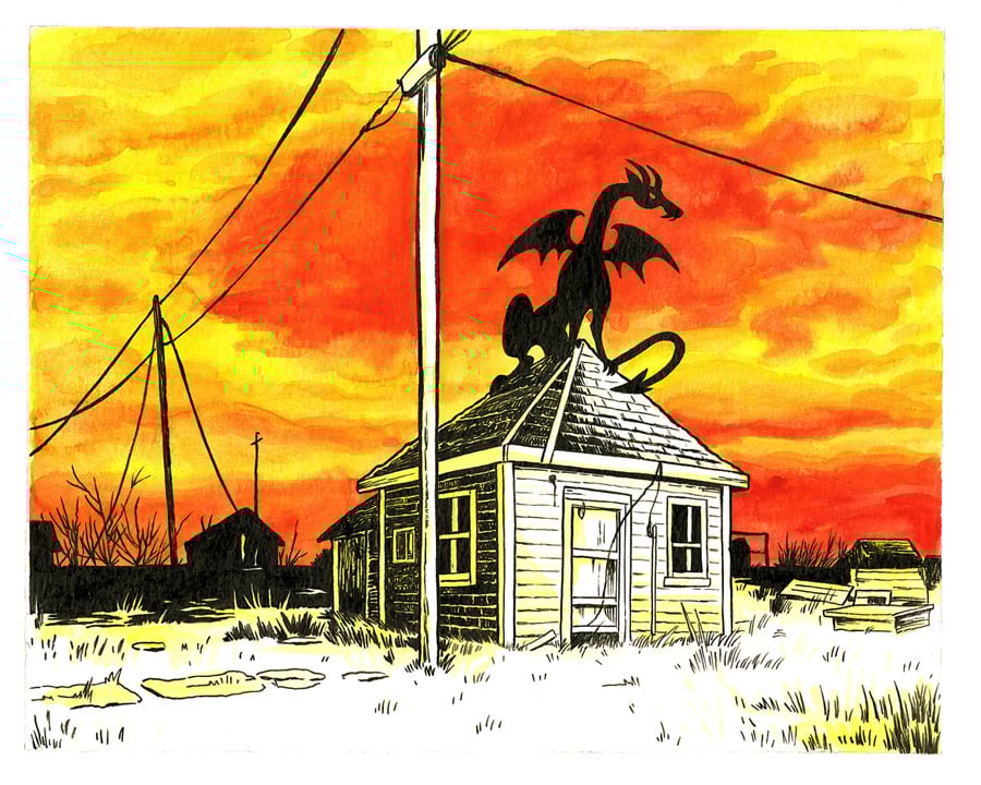 a dragon in silhouette perched on top of an abandoned shed. several other abandoned structures can be seen in silhouette in the background. there's a power pole in the foreground. the sky is firey orange and yellowa dragon in silhouette perched on top of an abandoned shed. several other abandoned structures can be seen in silhouette in the background. there's a power pole in the foreground. the sky is firey orange and yellow