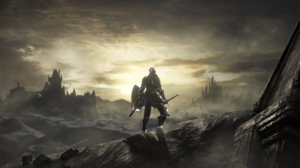 The image shows an armored knight standing on a dusty, dune-ridden landscape. Clouds filter pale yellow sunlight in the background. Two groupings of buildings loom in the distance on either side, suggestive of fallen civilizations.