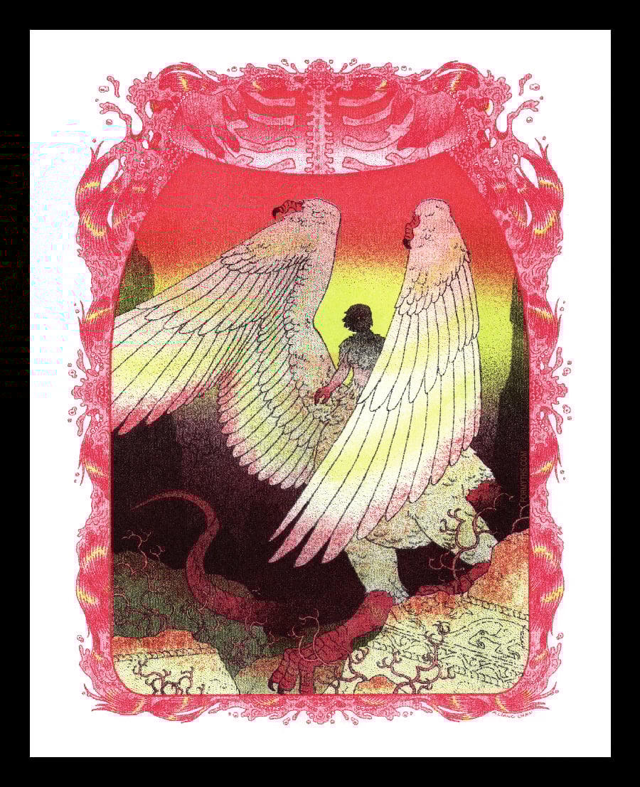 a chimera stands among ruins - the lower body of a red dragon gives way to white feathers, and large white wings frame the upper body of a human, her face in shadows. the scene is framed by a decorative pattern of muscles & blood unwinding, with an upper panel featuring bloodied hands hovering over a ribcage.