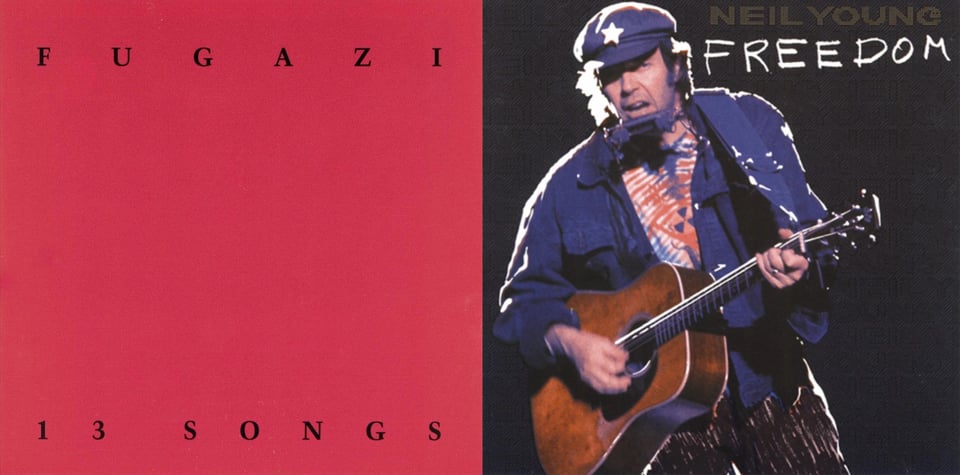 First pic: A red background. At the top in black reads "FUGAZI" and along the bottom in the same font "13 SONGS.” Second pic: A color photgraph of Neil Young, a white man in a blue jacket, blue cap with a white star on it, and tie-dyed shirt with a radiation symbol on it. He is singing. He exhibits the most "cranky uncle" energy in the universe. He's playing acoustic guitar and has one of those harmonica holders on his neck. It looks like it was shot in concert.