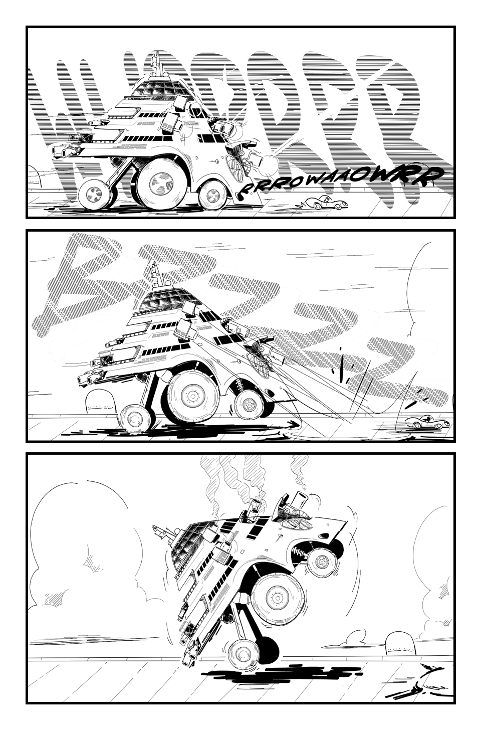 Worldracers comic Pg 10. Three panels from the same angle. Panel 1 yacht car with all its cannons revving up, "Whrrrrr" in big block letters behind. Racecar staying just ahead. Panel 2, Yacht car fires, "Brzzzz" missing Racecar. Panel 3, the Yacht car tips backwards, from the force of the blast. 