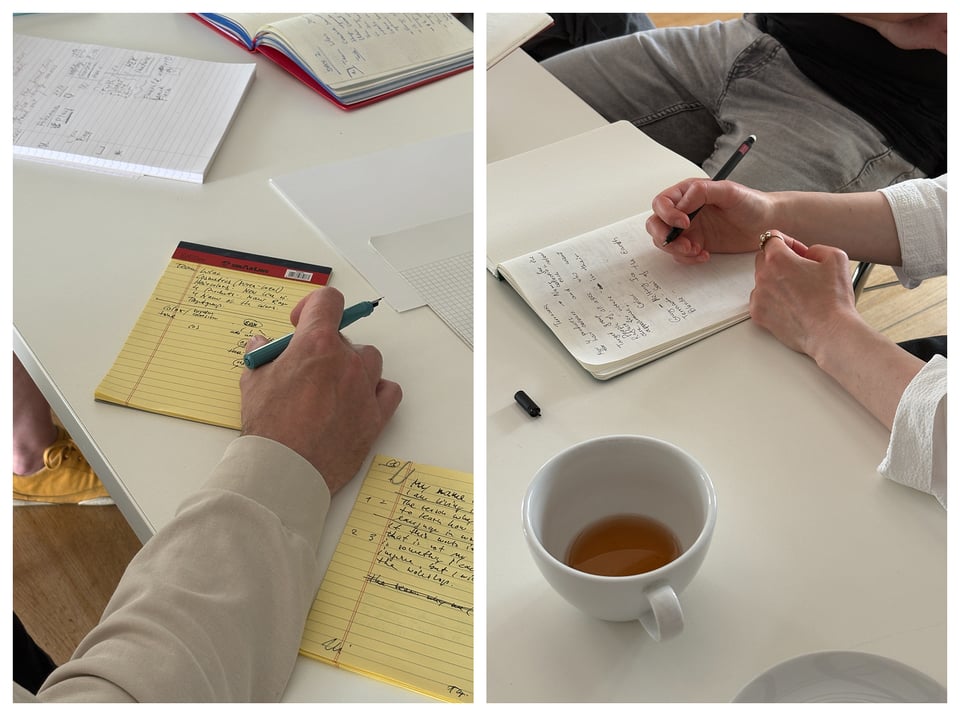 Photos of hands writing manuscripts on paper