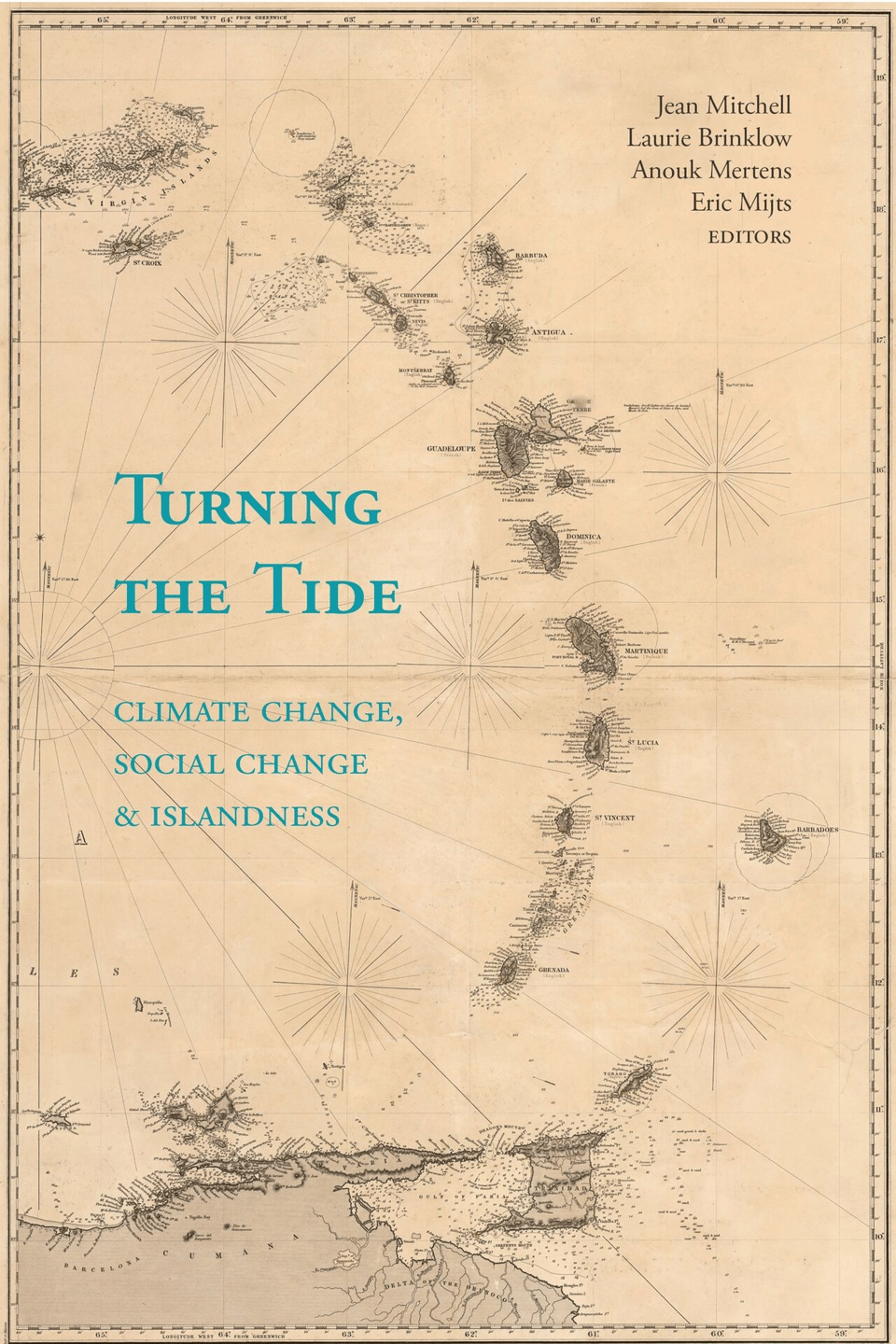 Cover of the Turning the Tide book, showing the eastern part of the Caribbean region on a drawn map.