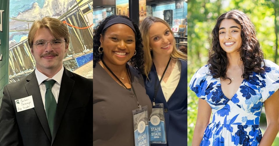 Left: JMC student wearing a black suit, white collared shirt and green tie. Center: Two JMC students photographed together smiling. Right: JMC student, photographed outdoors wearing a blue and white dress.