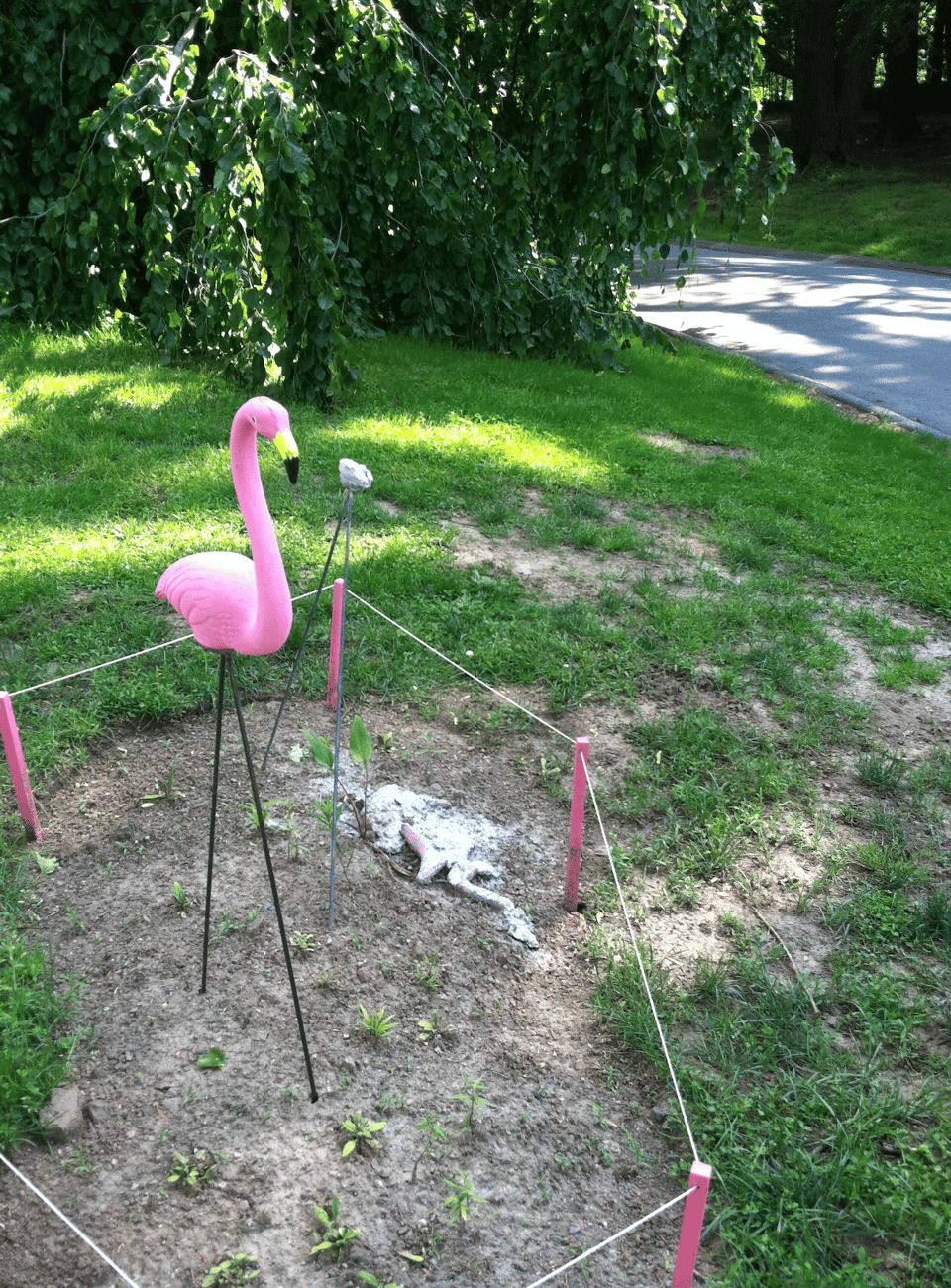 a yard flamingo beside a disintegrated yard flamingo