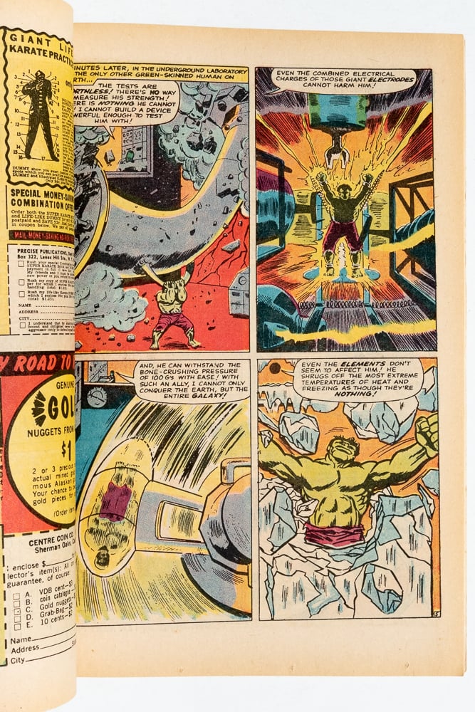 a four panel grid of the Hulk being tested physically-- through strength, electricity, pressure and ice.