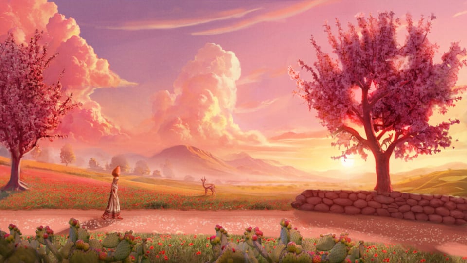 A gorgeous drawing of a woman dressed in white with a vase on her head walking on a pathway. The sun is setting, the trees are pink and there's a doe in the distance