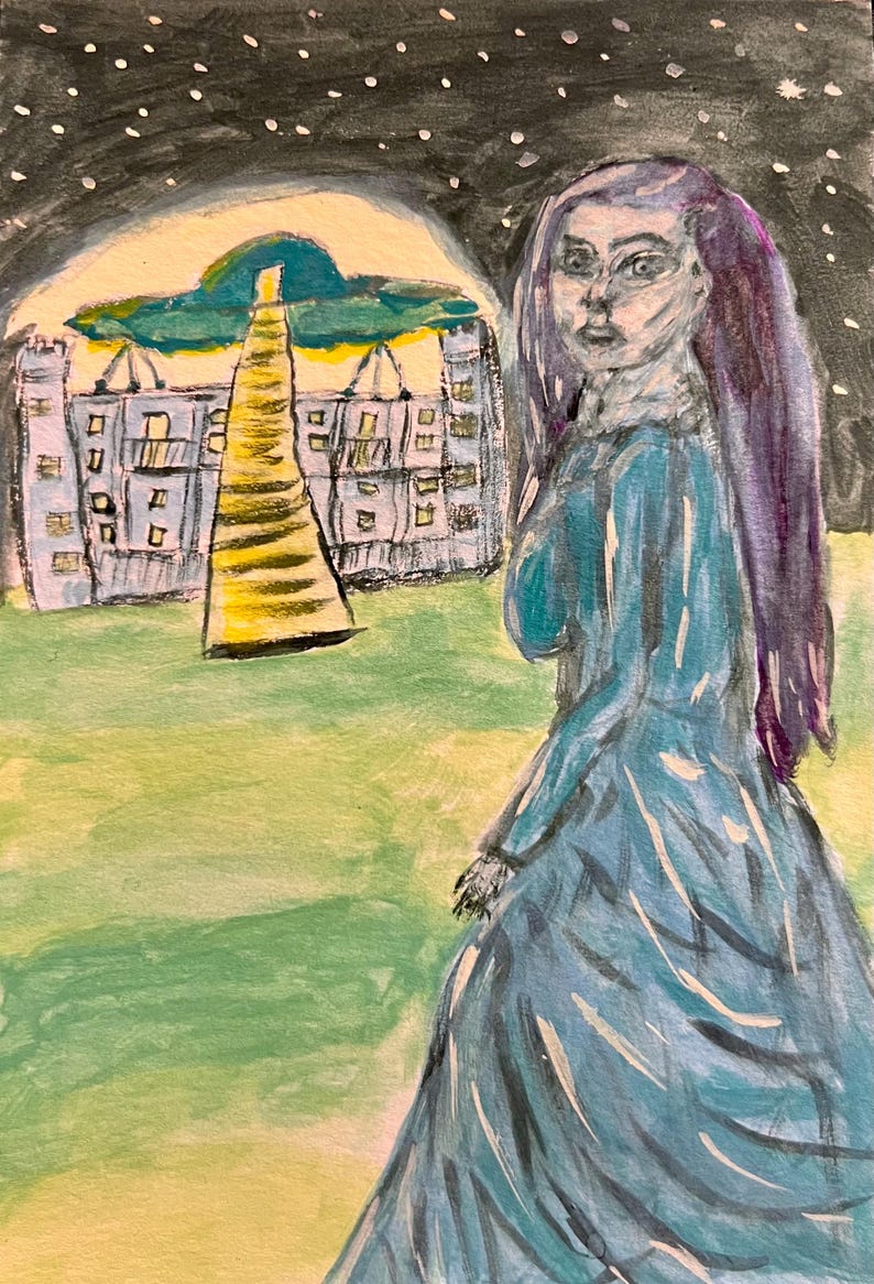 A figure in a flowing blue dress stands in the foreground, gazing back at a whimsical building with a tall, spiral structure under a starry night sky.