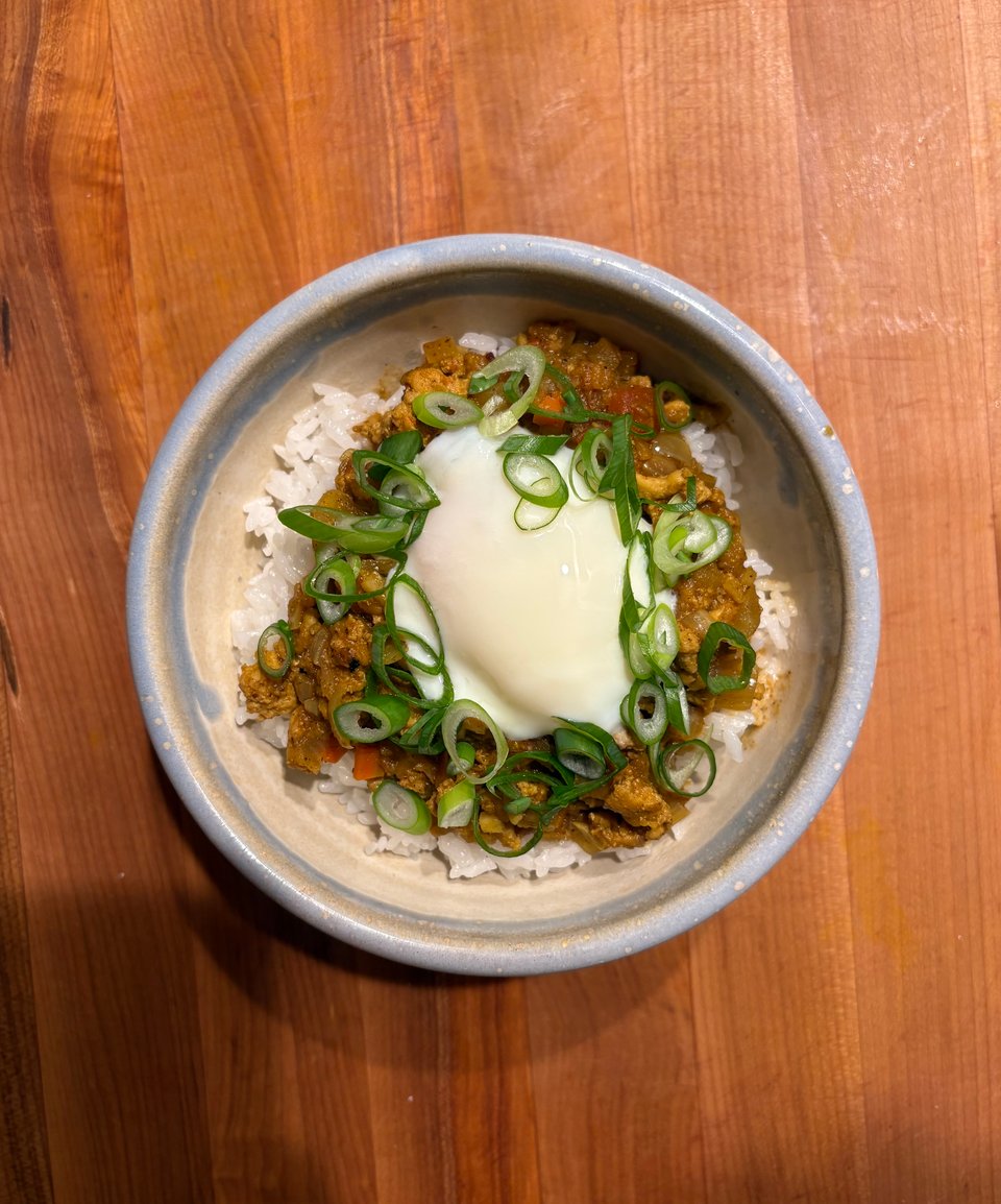 keema curry with an onsen egg on top