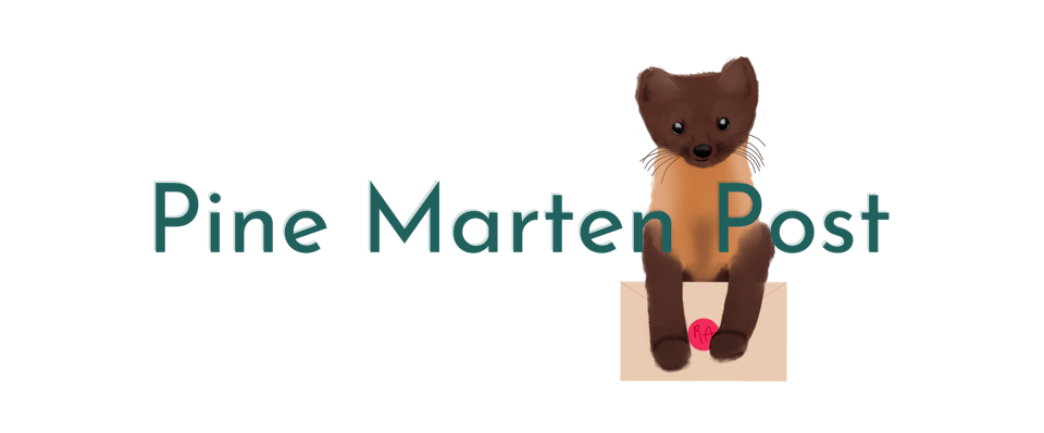 An illustration of a pine marten holding an envelope.