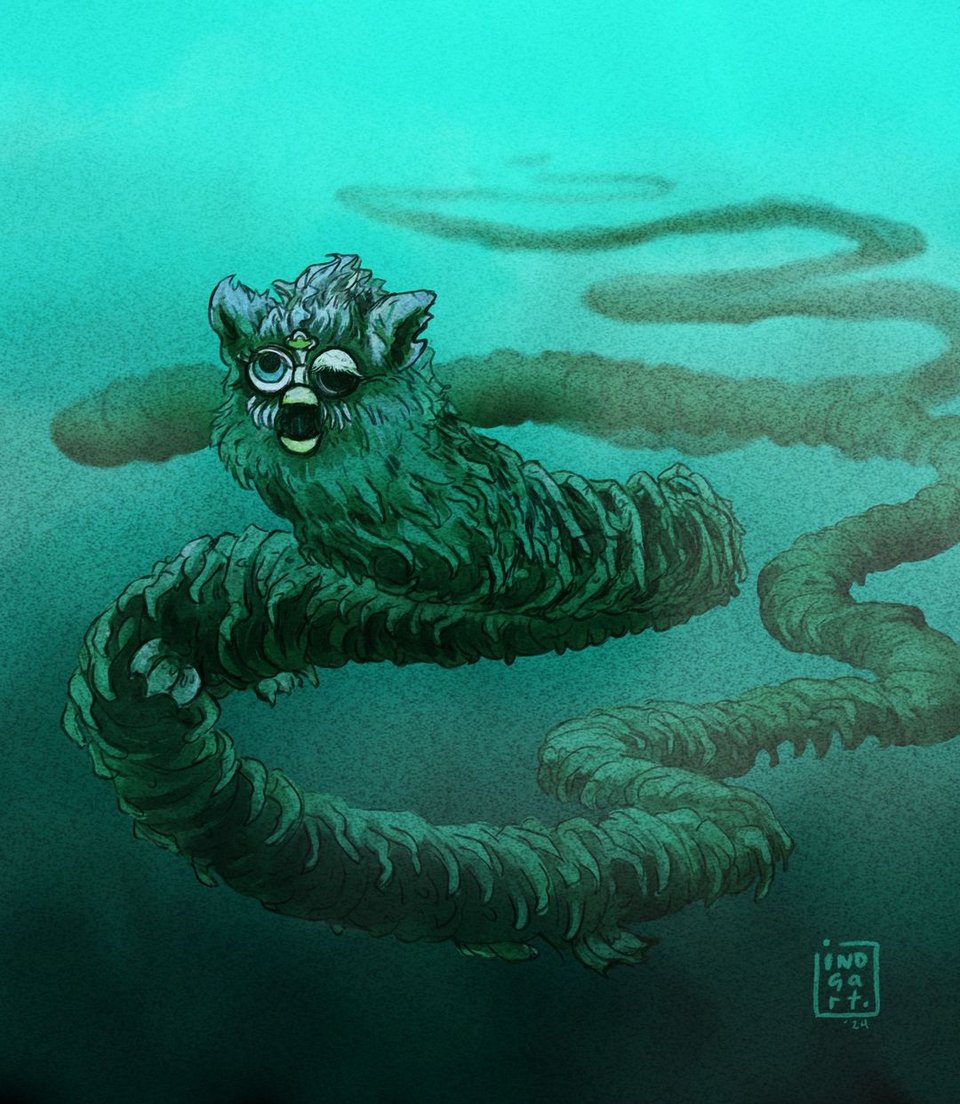 An illustration of a super long Furby as a mossy lake monster