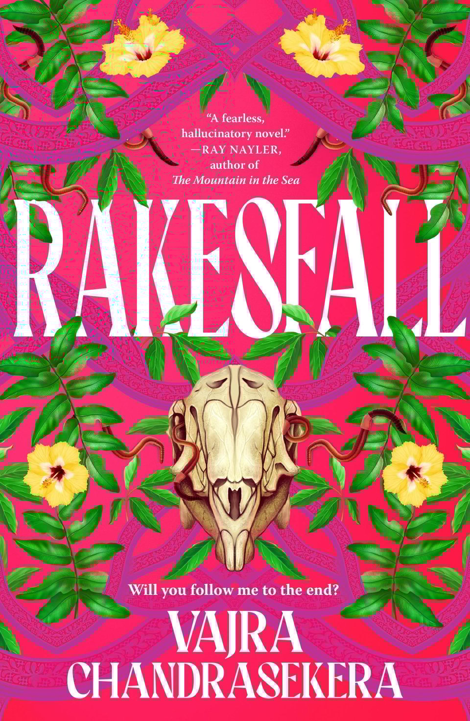 Cover art for the novel Rakesfall, by Vajra Chandrasekera, depicting a hare skull with worms crawling through its eyes, with vines and four Chinese hibiscus flowers growing all around against a magenta background