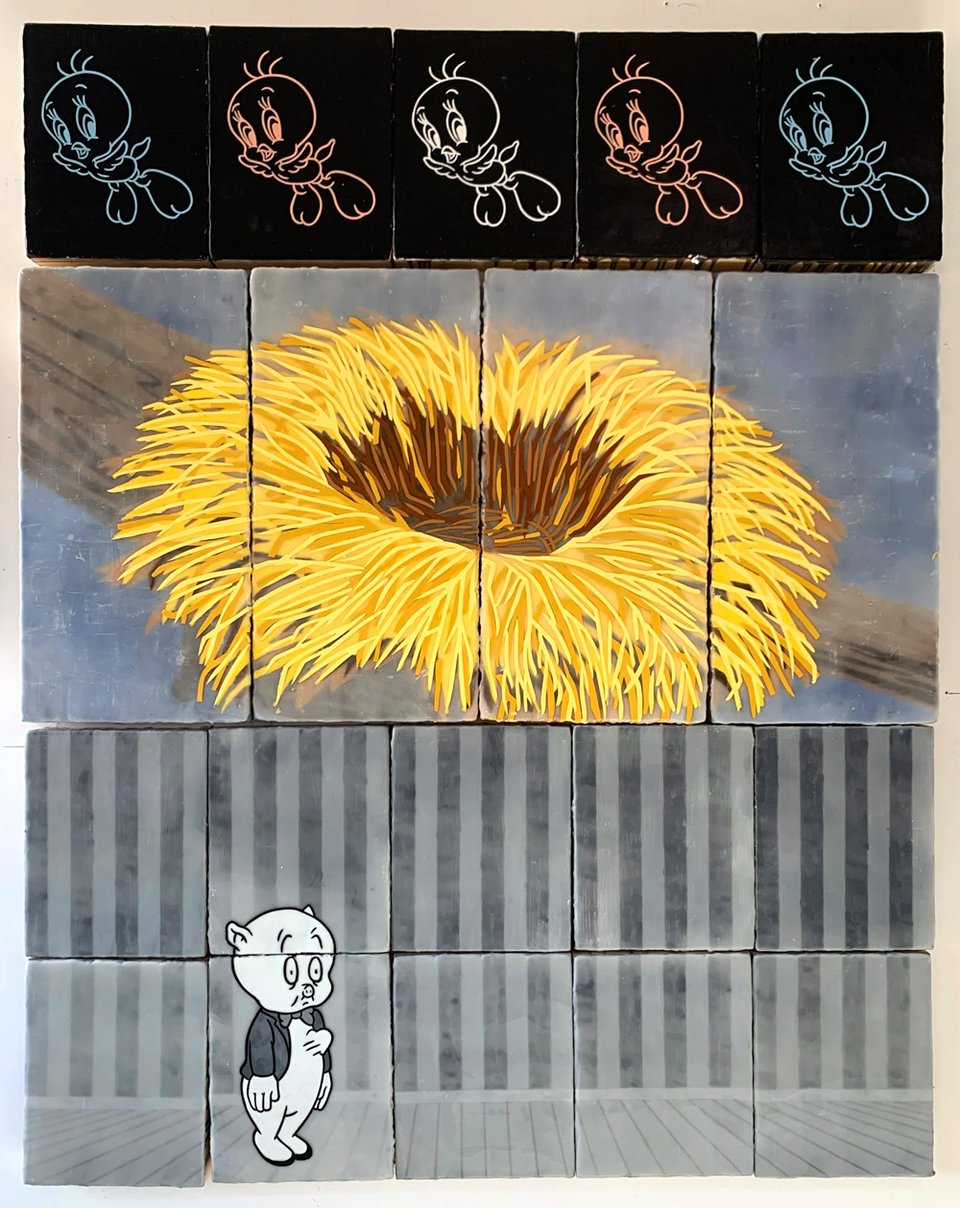 Painting of a giant nest with Tweety Birds flying over it in trans flag colors, with a sad Porky Pig with his heart bursting out of his chest standing in an empty room below.