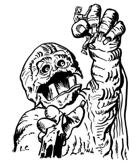 A black and white drawing, done with a brush pen, of a large humanoid monster with tusks holding up a tiny human in his hand. The monster is Goom, from a comic book drawn by Jack Kirby in the 1950s.