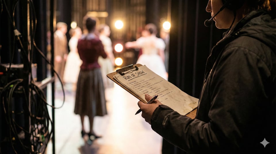 16:9 photorealistic theater backstage. Foreground: stage manager wearing a headset holding a cue sheet labeled “RUN OF SHOW” (generic, no logos), in sharp focus. Background: bright stage lights and performers blurred. Mood: calm control, quiet competence. Shallow depth of field, cinematic lighting, no visible brand marks, no readable faces.