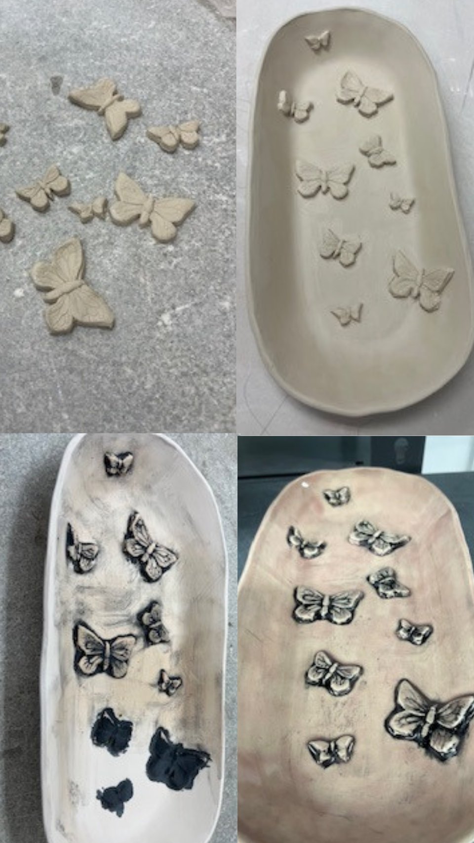 A four-photo collage of a ceramic tray in progress: the first shows small butterfly sprigs; the second shows an oval-shaped tray with sprigs set across it; the third shows the piece with black glaze painted over some of the butterflies; the final shows the tray has been glazed pale pink with black showing off the details of the butterflies