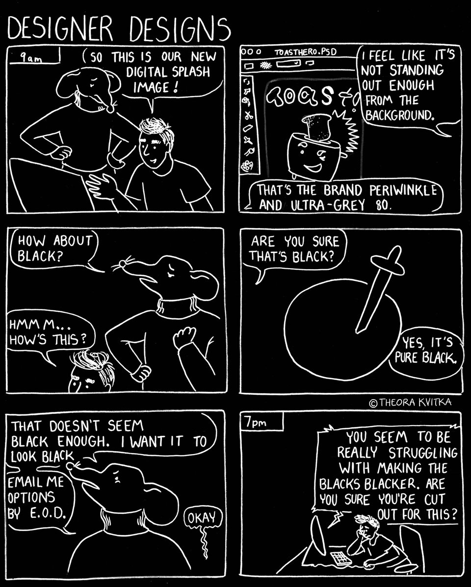 Six panel comic titled "Designer Designs" where a graphic designer in the Beta Plane tries to create images acceptable to Ratboss.