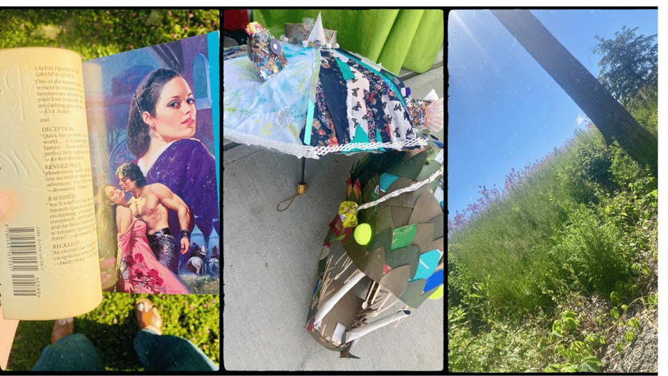 three photos. L-R: a hand holding a romance novel open to the stepback complete with classic clinch; an umbrella decorated with a variety of recycled material and a wearable anglerfish head; a green hill topped with purple wildflowers.