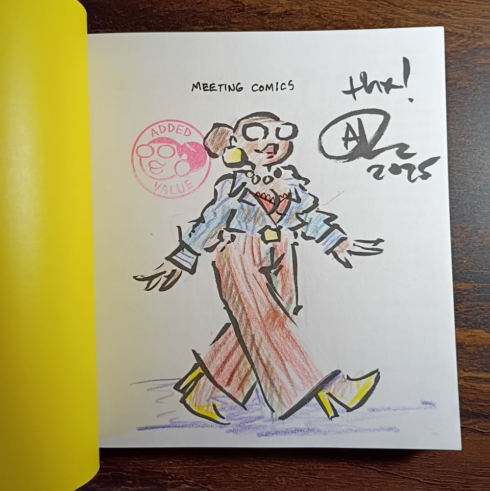 A color drawing of Val in a copy of MEETING COMICS