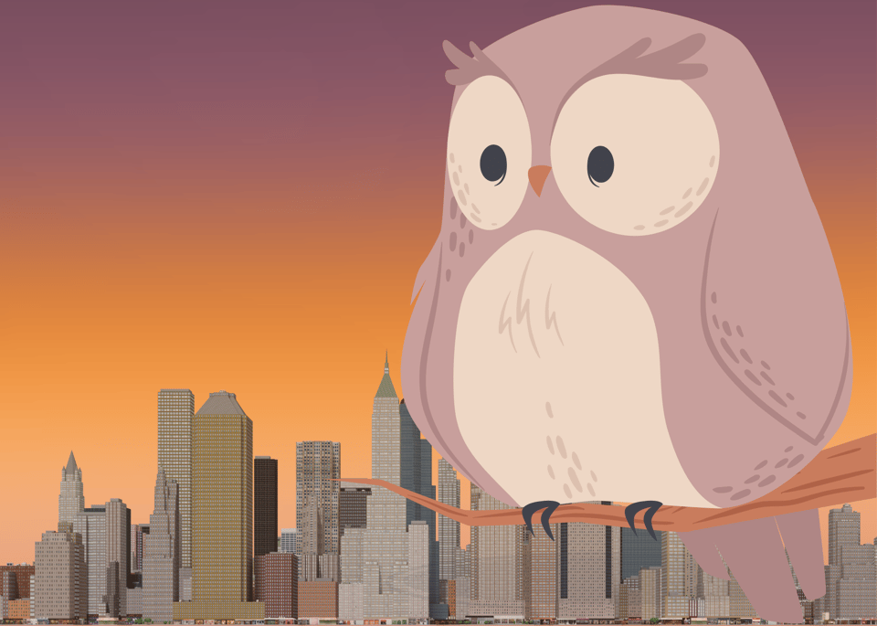 An illustration of an owl on a branch with an illustration of NYC's skyline in the background and a sunset behind that. Graphic design is my passion.
