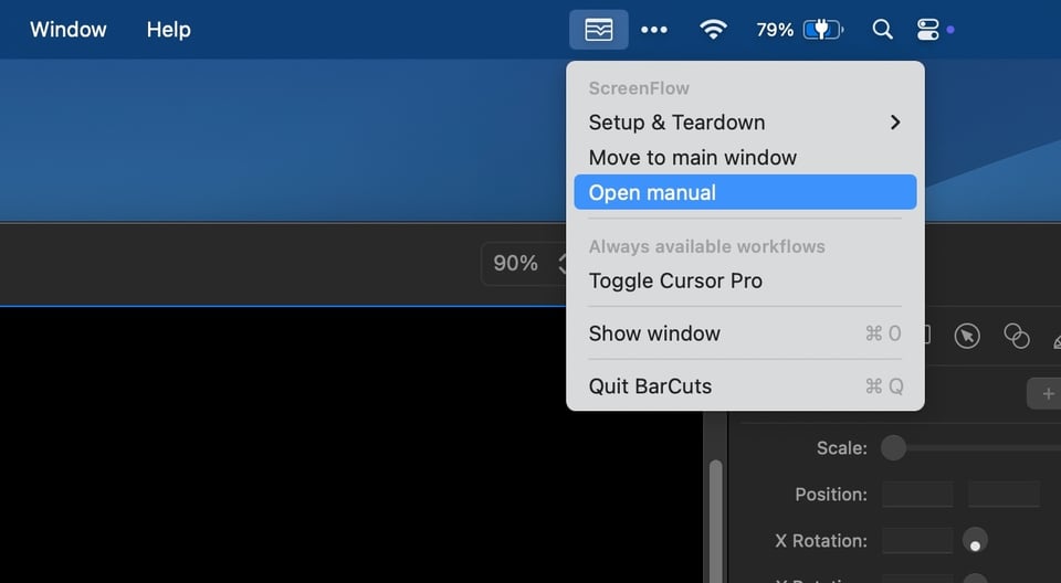 A partial screenshot of a Mac desktop, showing the menu bar. The BarCuts menu is open, displaying the name of the current app ("ScreenFlow") and a few workflows relevant to that app. Below is a menu section titled "Always available workflows", listing a single workflow "Toggle Cursor Pro", followed by menu items to show the app window and to quit BarCuts. In the background a ScreenFlow app window is visible