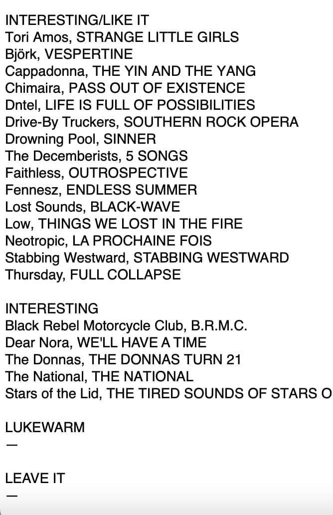 INTERESTING/LIKE IT Tori Amos, STRANGE LITTLE GIRLS Björk, VESPERTINE Cappadonna, THE YIN AND THE YANG Chimaira, PASS OUT OF EXISTENCE Dntel, LIFE IS FULL OF POSSIBILITIES Drive-By Truckers, SOUTHERN ROCK OPERA Drowning Pool, SINNER The Decemberists, 5 SONGS Faithless, OUTROSPECTIVE Fennesz, ENDLESS SUMMER Lost Sounds, BLACK-WAVE Low, THINGS WE LOST IN THE FIRE Neotropic, LA PROCHAINE FOIS Stabbing Westward, STABBING WESTWARD Thursday, FULL COLLAPSE INTERESTING Black Rebel Motorcycle Club, B.R.M.C. Dear Nora, WE'LL HAVE A TIME The Donnas, THE DONNAS TURN 21 The National, THE NATIONAL Stars of the Lid, THE TIRED SOUNDS OF STARS OF THE LID LUKEWARM LEAVE IT