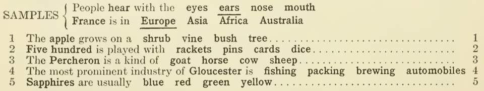 Multiple choice questions from an early intelligence test
The apple grows on a shrub vine bush tree
Five hundred is played with rackets pins cards dice
There Percheron is a kind of goat horse cow sheep
The most prominent industry of Gloucester is fishing packing brewing automobiles
Sapphires are usually blue red green yellow