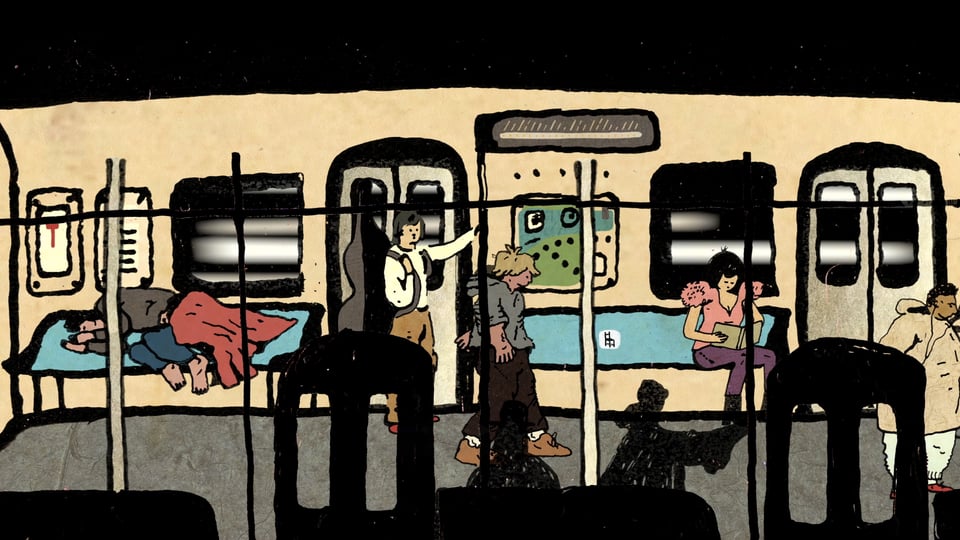 A screenshot from the game Bub. A man moves across a stylized new york city subway carriage.