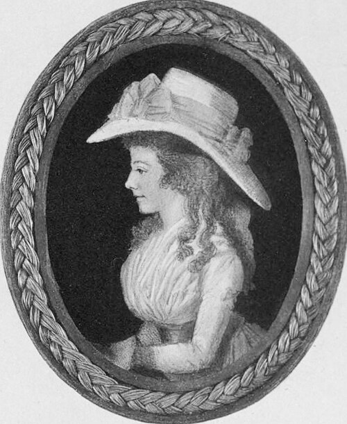 Black and white image of a miniature portait featuring a white woman in profile. She has long hair and wears a large hat and eighteenth-century dress.