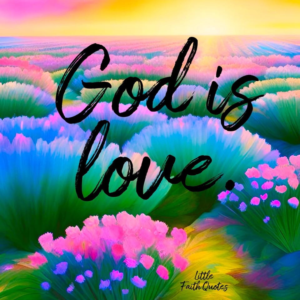 "God is love." The sun sets in a golden sky over a field of beautiful pink flowers. Image by: @Little Faith Quotes.