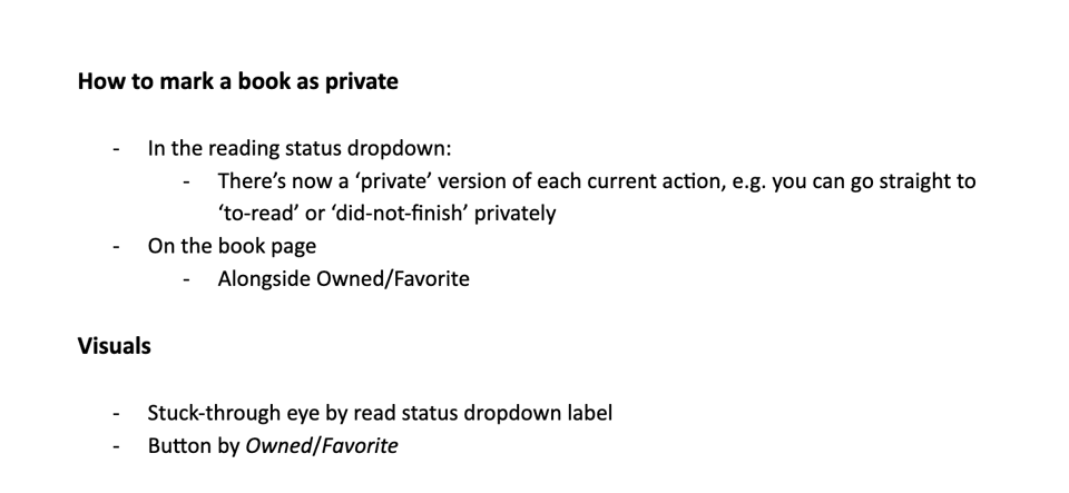 Product notes describing how users could mark books private through private versions of reading-status actions or a control alongside Owned/Favorite, with a crossed-out eye icon used as the visual indicator.
