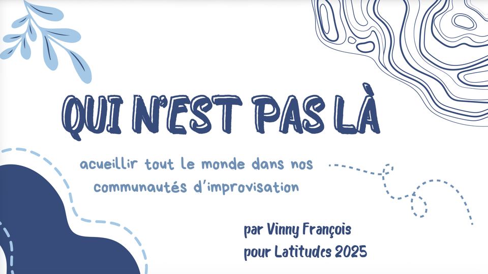 The opening slide of a presentation, "Qui N'est Pas Là" in blue on a white background with decorative swirls around it
