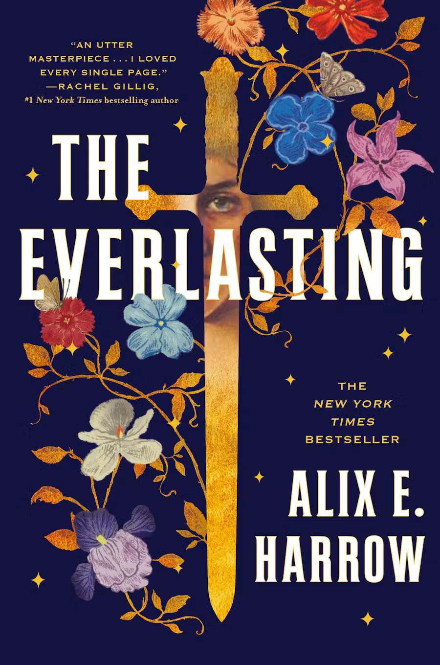 a deep blue cover with a golden sword and flowers