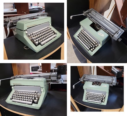 A series of four photographs of a sea foam green typewriter from different angles