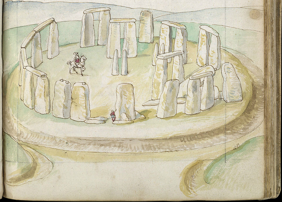 An illustration of a circle of large stones. One person rests against one in the foreground; another person rides a horse through the center of the circle.