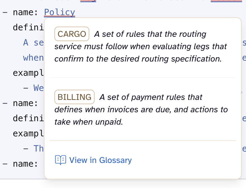 The word “Policy” is shown in a hover summary panel with two different definitions in different contexts - one definition in the Cargo context and one in the Billing context.