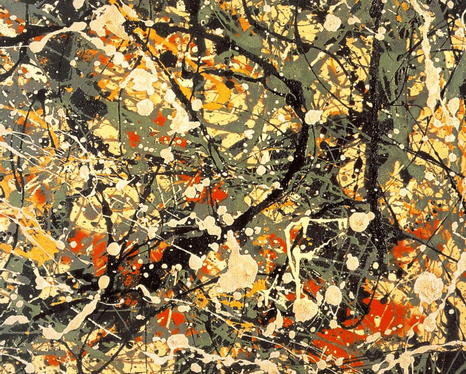 A painting by Jackson Pollock. It is a wild mess of blobs and flecks of paint -- white, green, black, red and yellow mostly.