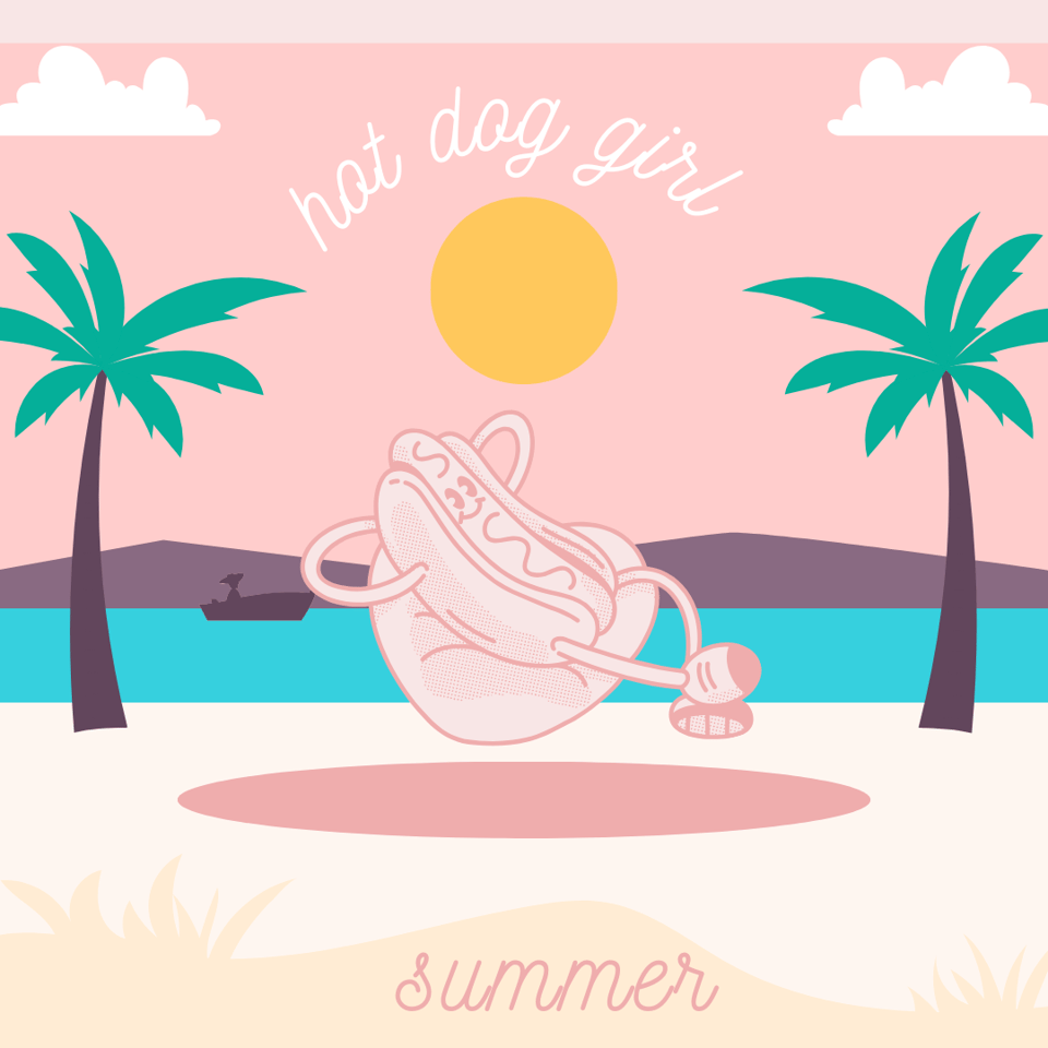 A Canva illustration I barely edited of an anthropomorphic hot dog with its arms crossed behind its head, levitating (with joy) on a beach. The text says "hot dog girl summer."