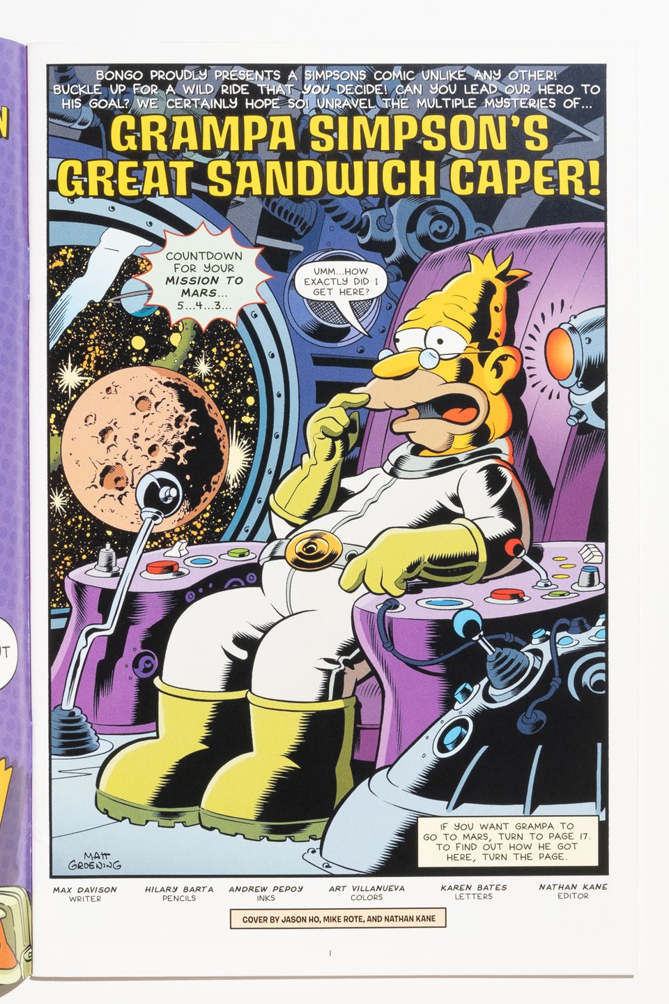 a page from a Simpson's one shot. Grampa Simpson is sitting in a spaceship cockpit modeled after a famous EC Comics page by Wally Wood. Abe does not remember how he got here. This is the title page of a choose your own adventure Simpsons Comic