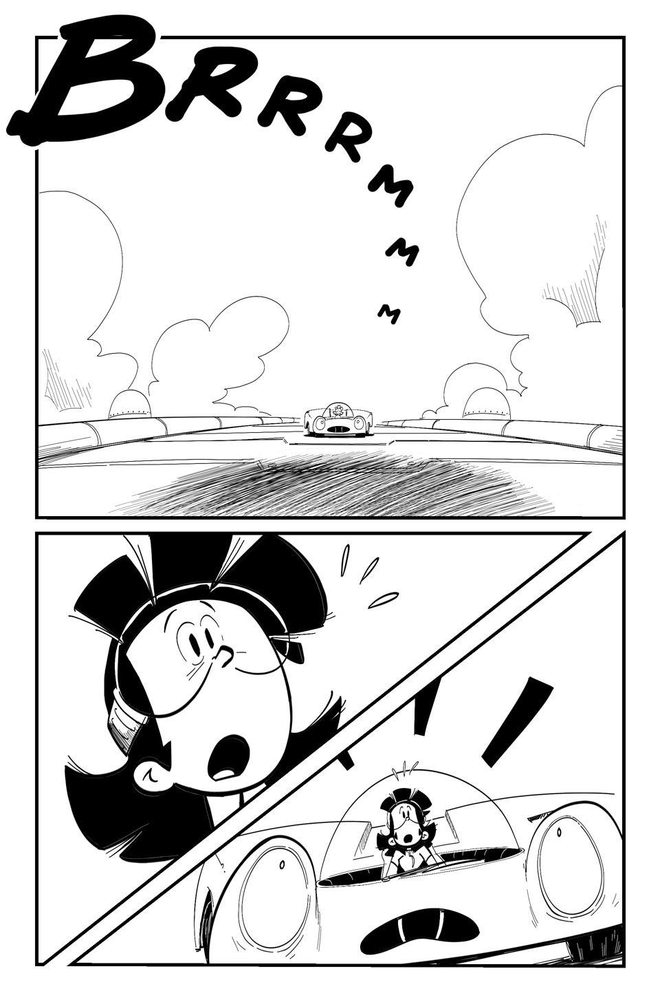 World Racers pg 3 Panel 1 Sound Effect 'Brrrrmmmm' leads to Racecar and Tess in the centre of the panel, a shadow approaches. Panel 2 angled panel Tess gasps in surprise. Panel 4 Angled panel of Racecar and Tess gasping.
