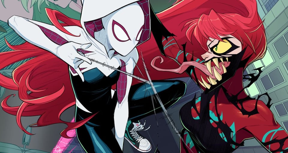 A preview of my fan art of Gwen Stacy/Spider-Gwen/Ghost-Spider vs. Mary Jane's Carnage incarnation