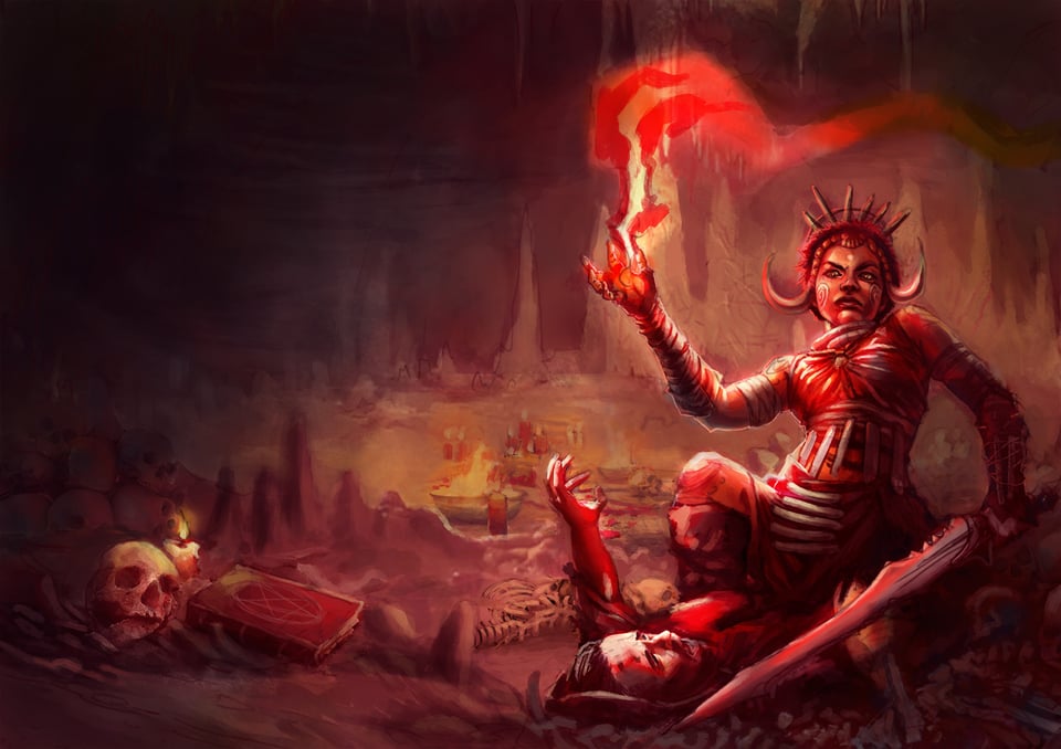 A warrior-sorceress is on top of a fallen enemy carrying sword and summoning a flame on her other hand. All in red tones.