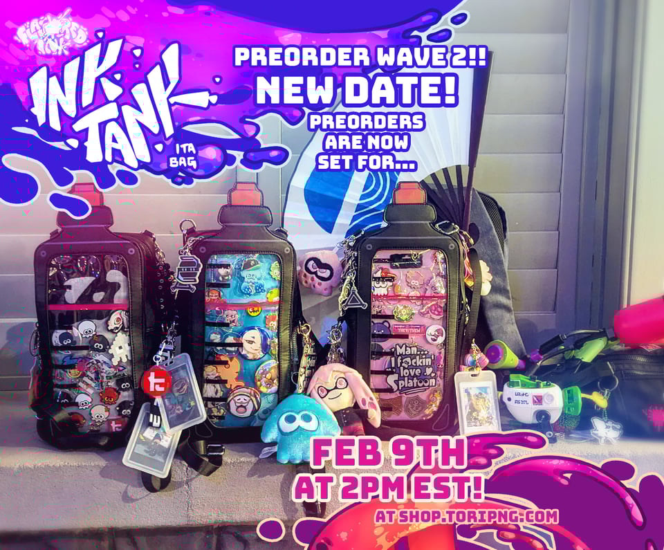 image with three ink tank bags and text that reads: preorder wave 2 new date set for February 9th at 2pm est